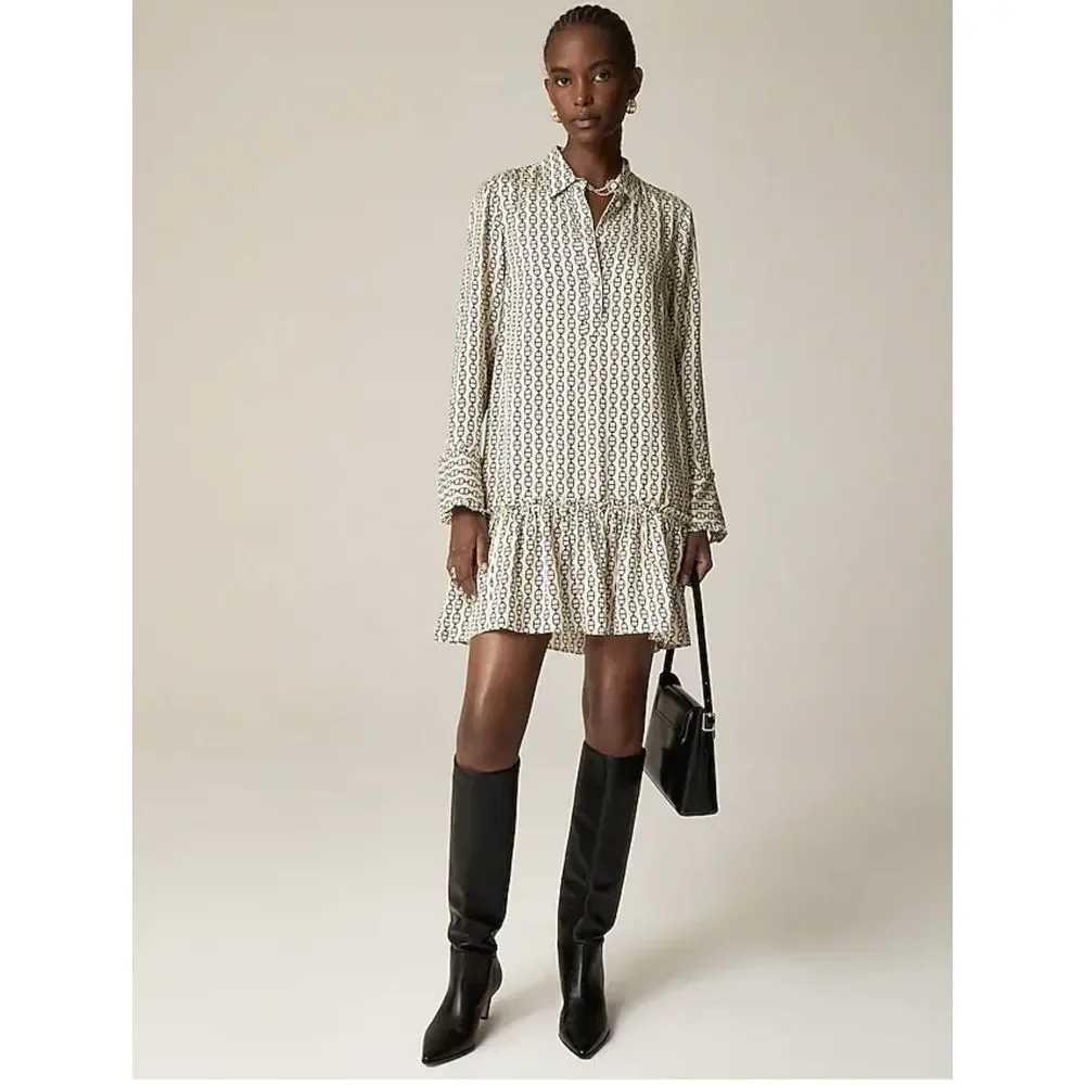 J.CREW Women's Amelia Popover Shirt‎ Dress in Vintage Links Prints Long Sleeve S